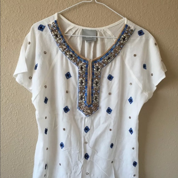 Anthropologie Maeve embellished embroidered top XS jeweled boho gauzy white - Picture 2 of 8